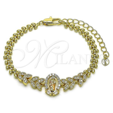 Oro Laminado Fancy Bracelet, Gold Filled Style San Judas Design, with White Cubic Zirconia, Polished, Tricolor, 03.411.0023.08