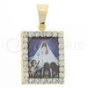 Oro Laminado Religious Pendant, Gold Filled Style Caridad del Cobre Design, with  Cubic Zirconia, Golden Finish, 05.16.0131