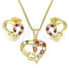 Oro Laminado Earring and Pendant Adult Set, Gold Filled Style Heart Design, with Garnet and White Cubic Zirconia, Polished, Golden Finish, 10.210.0156.1
