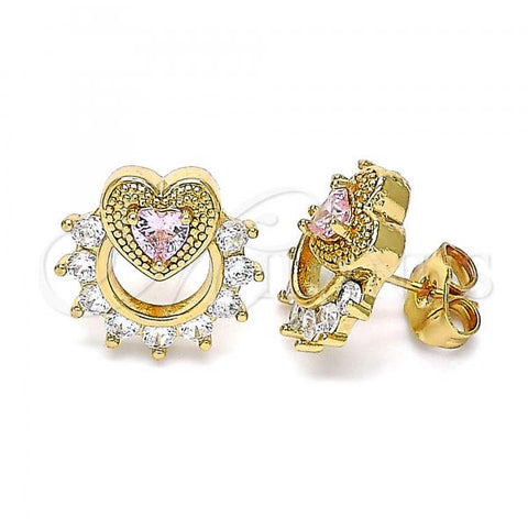 Oro Laminado Stud Earring, Gold Filled Style Heart Design, with Pink and White Cubic Zirconia, Polished, Golden Finish, 02.387.0079