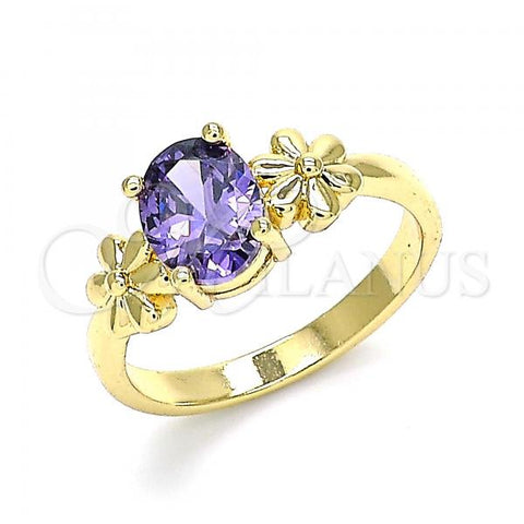 Oro Laminado Multi Stone Ring, Gold Filled Style Flower Design, with Amethyst Cubic Zirconia, Polished, Golden Finish, 01.210.0121.07