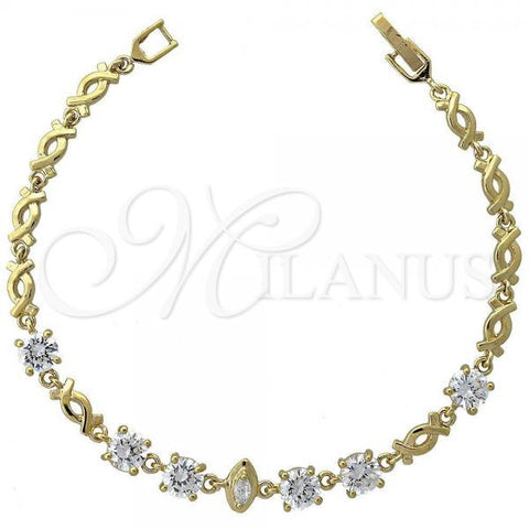Oro Laminado Fancy Bracelet, Gold Filled Style Hugs and Kisses Design, with White Cubic Zirconia, Polished, Golden Finish, 5.027.009