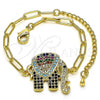 Oro Laminado Fancy Bracelet, Gold Filled Style Paperclip and Elephant Design, with Multicolor Micro Pave, Polished, Golden Finish, 03.316.0078.07