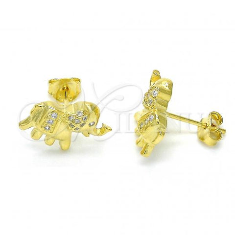 Sterling Silver Stud Earring, Elephant Design, with White Micro Pave, Polished, Golden Finish, 02.285.0079