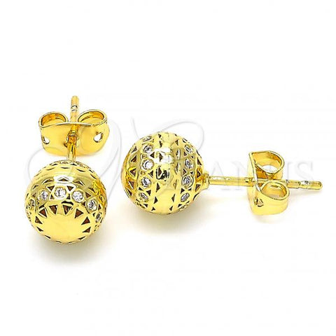 Oro Laminado Stud Earring, Gold Filled Style Ball Design, with White Cubic Zirconia, Polished, Golden Finish, 02.156.0385
