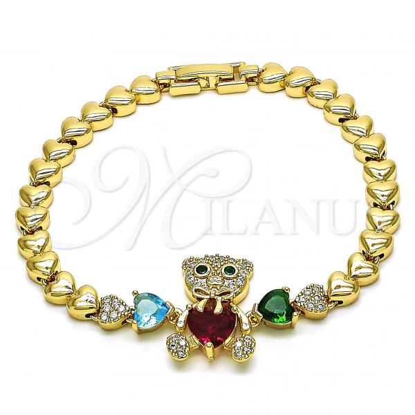 Oro Laminado Fancy Bracelet, Gold Filled Style Teddy Bear and Bow Design, with Multicolor Cubic Zirconia and White Micro Pave, Polished, Golden Finish, 03.283.0282.07