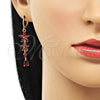 Oro Laminado Long Earring, Gold Filled Style Flower and Teardrop Design, with Garnet Cubic Zirconia, Polished, Golden Finish, 02.210.0825.2