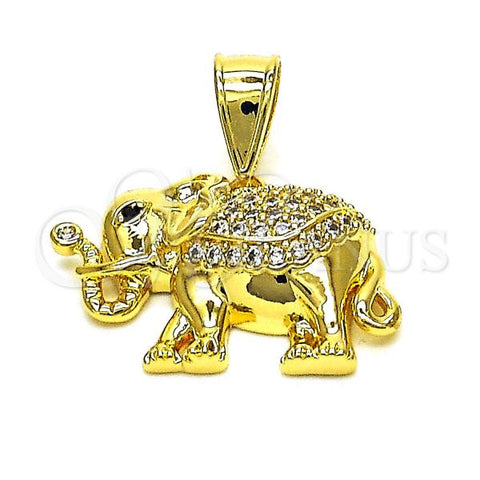 Oro Laminado Fancy Pendant, Gold Filled Style Elephant Design, with White and Black Micro Pave, Polished, Golden Finish, 05.411.0010