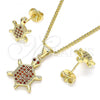 Oro Laminado Earring and Pendant Adult Set, Gold Filled Style Turtle Design, with Garnet Micro Pave, Polished, Golden Finish, 10.156.0019.1