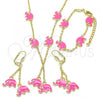 Oro Laminado Earring and Pendant Children Set, Gold Filled Style Elephant Design, with White Crystal, Pink Enamel Finish, Golden Finish, 06.60.0006.1