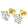 Oro Laminado Stud Earring, Gold Filled Style Flower Design, with White Cubic Zirconia, Polished, Two Tone, 02.210.0239