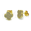 Oro Laminado Stud Earring, Gold Filled Style Four-leaf Clover Design, with White Micro Pave, Polished, Golden Finish, 02.283.0162