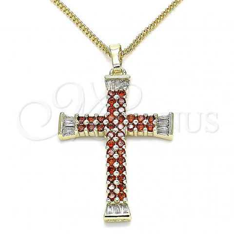 Oro Laminado Pendant Necklace, Gold Filled Style Cross Design, with Garnet and White Cubic Zirconia, Polished, Golden Finish, 04.284.0023.1.20