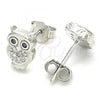 Sterling Silver Stud Earring, Owl Design, with Black and White Cubic Zirconia, Polished, Rhodium Finish, 02.336.0143