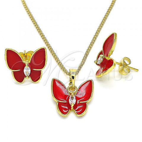 Oro Laminado Earring and Pendant Adult Set, Gold Filled Style Butterfly Design, with White Crystal, Red Enamel Finish, Golden Finish, 10.379.0009.1