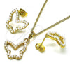 Oro Laminado Earring and Pendant Adult Set, Gold Filled Style Butterfly Design, with Ivory Pearl, Polished, Golden Finish, 10.379.0061