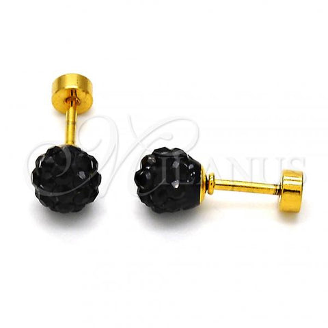 Stainless Steel Stud Earring, Ball Design, with Black Crystal, Polished, Golden Finish, 02.271.0010.2