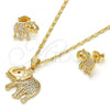 Oro Laminado Earring and Pendant Adult Set, Gold Filled Style Elephant Design, with White and Ruby Micro Pave, Polished, Golden Finish, 10.199.0079