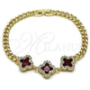 Oro Laminado Fancy Bracelet, Gold Filled Style Four-leaf Clover and Miami Cuban Design, with Garnet Cubic Zirconia and White Micro Pave, Polished, Golden Finish, 03.283.0434.1.07