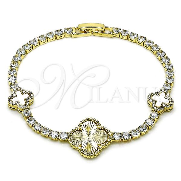 Oro Laminado Fancy Bracelet, Gold Filled Style Four-leaf Clover Design, with White Cubic Zirconia and Ivory Mother of Pearl, Diamond Cutting Finish, Golden Finish, 03.284.0054.07