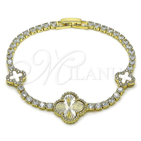 Oro Laminado Fancy Bracelet, Gold Filled Style Four-leaf Clover Design, with White Cubic Zirconia and Ivory Mother of Pearl, Diamond Cutting Finish, Golden Finish, 03.284.0054.07