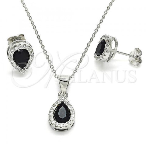 Sterling Silver Earring and Pendant Adult Set, Teardrop Design, with Black Cubic Zirconia and White Crystal, Polished, Rhodium Finish, 10.175.0067.4