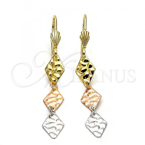 Oro Laminado Long Earring, Gold Filled Style Diamond Cutting Finish, Tricolor, 02.63.2175
