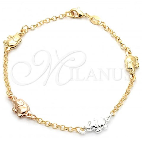 Oro Laminado Fancy Bracelet, Gold Filled Style Elephant and Rolo Design, Tricolor, 03.32.0259.07
