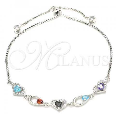 Sterling Silver Fancy Bracelet, Heart and Teardrop Design, with Multicolor Cubic Zirconia, Polished, Rhodium Finish, 03.175.0003.11