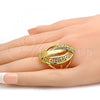 Oro Laminado Multi Stone Ring, Gold Filled Style Greek Key Design, with White Crystal, Polished, Golden Finish, 01.241.0033.06 (Size 6)