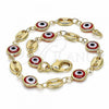 Oro Laminado Fancy Bracelet, Gold Filled Style Evil Eye Design, Red Resin Finish, Golden Finish, 03.326.0012.1.08
