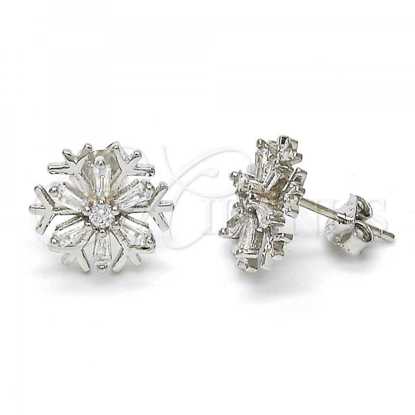 Sterling Silver Stud Earring, Flower Design, with White Cubic Zirconia, Polished, Rhodium Finish, 02.285.0019