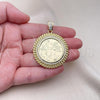 Oro Laminado Religious Pendant, Gold Filled Style Centenario Coin and Miami Cuban Design, with White Cubic Zirconia and White Micro Pave, Polished, Golden Finish, 05.213.0138
