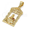 Oro Laminado Religious Pendant, Gold Filled Style Santa Barbara Design, with Garnet Cubic Zirconia, Polished, Golden Finish, 05.120.0051