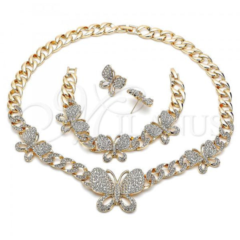 Oro Laminado Necklace, Bracelet and Earring, Gold Filled Style Butterfly and Miami Cuban Design, with White Crystal, Polished, Golden Finish, 06.372.0040