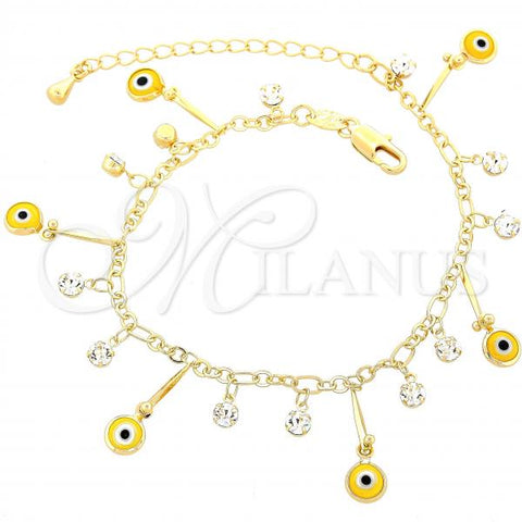 Oro Laminado Charm Bracelet, Gold Filled Style Evil Eye Design, with White Cubic Zirconia, Yellow Resin Finish, Golden Finish, 03.63.0180.08