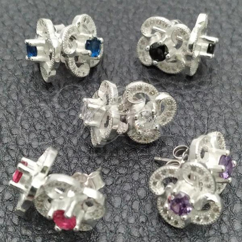 Sterling Silver Stud Earring, Flower Design, with White Cubic Zirconia, Polished, Silver Finish, 02.398.0012