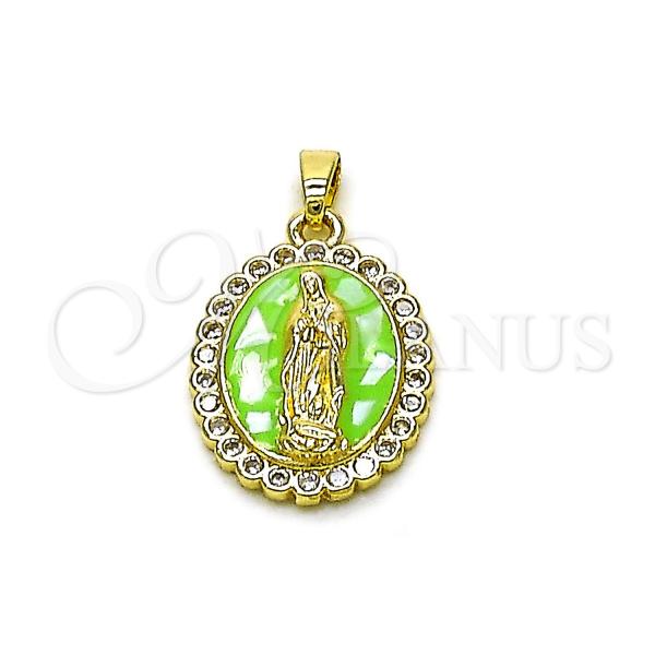 Oro Laminado Religious Pendant, Gold Filled Style Guadalupe Design, with White Cubic Zirconia, Green Enamel Finish, Golden Finish, 05.284.0016.3