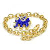 Oro Laminado Charm Bracelet, Gold Filled Style Elephant and Rolo Design, with White Crystal, Blue Enamel Finish, Golden Finish, 03.179.0001.3.07