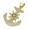 Oro Laminado Religious Pendant, Gold Filled Style Anchor Design, with White Cubic Zirconia and White Micro Pave, Polished, Golden Finish, 05.342.0076