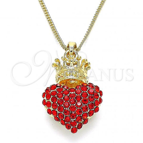 Oro Laminado Pendant Necklace, Gold Filled Style Heart and Crown Design, with Garnet Crystal, Polished, Golden Finish, 04.63.1408.1.20