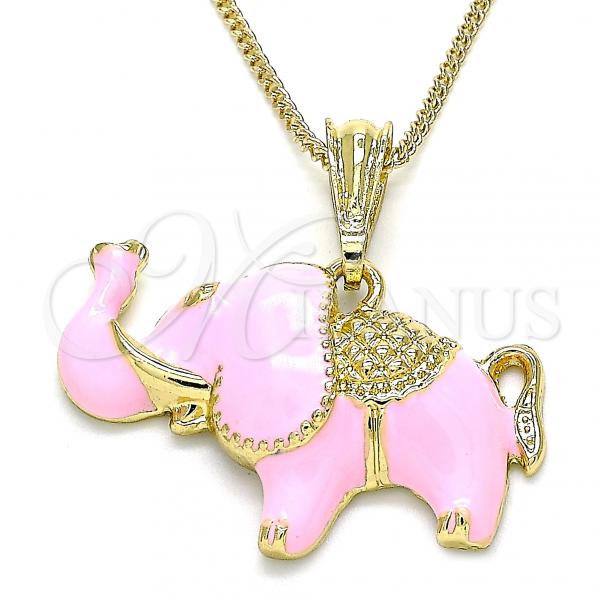 Oro Laminado Pendant Necklace, Gold Filled Style Elephant Design, Pink Enamel Finish, Golden Finish, 04.380.0002.1.20