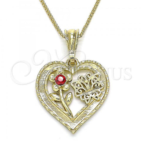 Oro Laminado Pendant Necklace, Gold Filled Style Heart and Flower Design, with Garnet Crystal, Polished, Golden Finish, 04.351.0018.1.20
