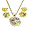 Oro Laminado Earring and Pendant Adult Set, Gold Filled Style Heart Design, with Garnet and White Micro Pave, Polished, Golden Finish, 10.199.0019.2