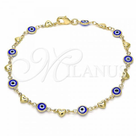 Oro Laminado Fancy Anklet, Gold Filled Style Evil Eye and Heart Design, Blue Resin Finish, Golden Finish, 03.326.0008.2.10