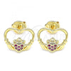 Oro Laminado Stud Earring, Gold Filled Style Heart Design, with Ruby Micro Pave, Polished, Golden Finish, 02.156.0442.1