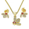 Oro Laminado Earring and Pendant Adult Set, Gold Filled Style Dragon-Fly Design, with Garnet Cubic Zirconia and White Micro Pave, Polished, Golden Finish, 10.199.0152.1