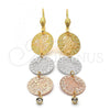 Oro Laminado Long Earring, Gold Filled Style Flower Design, Matte Finish, Tricolor, 5.118.016