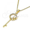 Oro Laminado Pendant Necklace, Gold Filled Style key and Leaf Design, with White Micro Pave and White Cubic Zirconia, Polished, Golden Finish, 04.156.0433.20