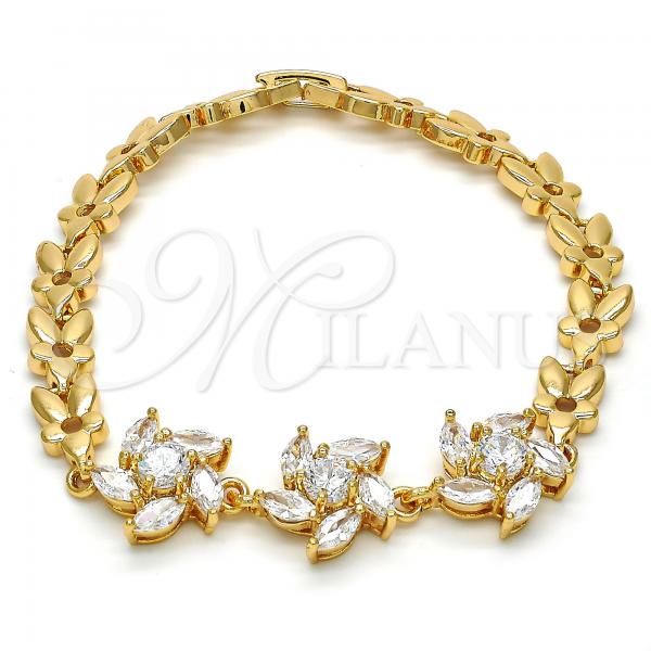 Oro Laminado Fancy Bracelet, Gold Filled Style Leaf Design, with White Cubic Zirconia, Polished, Golden Finish, 03.287.0020.07